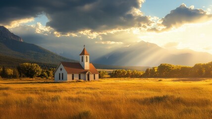 Wall Mural - Church in the field at sunset. Beautiful landscape with church and mountains.