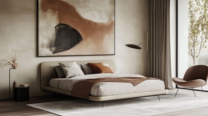 A bedroom featuring a modern platform bed with a sleek design, accompanied by minimalist decor and a large abstract painting above the bed.