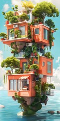 Poster - Floating House with Plants and Trees