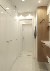 Wall Mural - Modern Minimalist Interior Design Hallway Entrance with White Cabinets and Wooden Accents