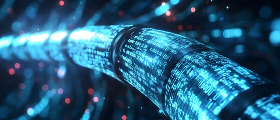 A digital image of an abstract representation of advanced data cables. Glowing with light and connected to each other in the form of long tubes. Represents the flow of information in future technology