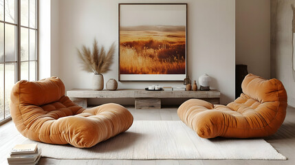 Wall Mural - Cozy living room with orange chairs, a nature-themed artwork, and decorative elements.