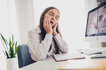 Wall Mural - Photo portrait of cute adorable teen girl computer elearning tired yawning wear uniform remote lesson education from home indoors