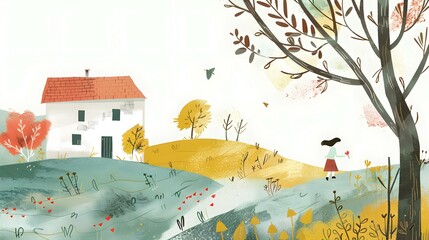 Wall Mural - Girl Picking Flower in Front of Country House