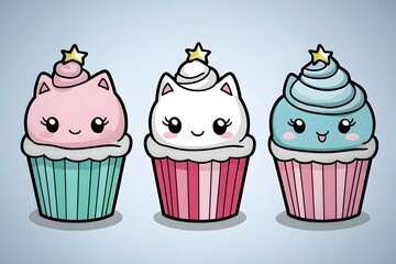 Wall Mural - Cute Cartoon Cupcakes with Cat Ears and Smiling Faces