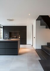 Wall Mural - Modern Kitchen Interior Design with Black Cabinets and Grey Tiles