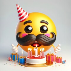 Wall Mural - 3D Happy one mustachioed emoji birthday theme , white background