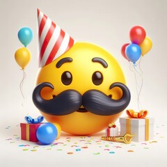 Wall Mural - 3D Happy one mustachioed emoji birthday theme , white background