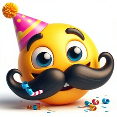 Wall Mural - 3D Happy one mustachioed emoji birthday theme , white background