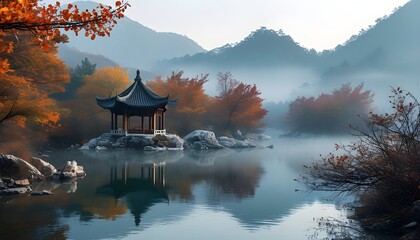 Wall Mural - Tranquil Autumn Mountain Landscape with Traditional Pavilion and Misty Morning Reflection