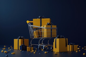 Shopping cart overloaded with yellow gift boxes on dark background