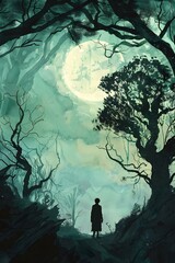 Canvas Print - Silhouette of a Person Standing in a Forest Under a Full Moon