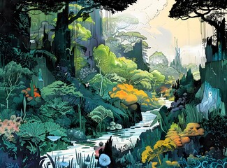 Wall Mural - Fantasy Forest with Waterfall and Ruins