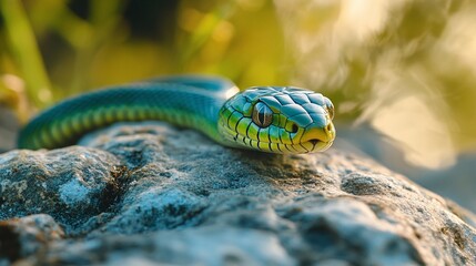 Wall Mural - detailed closeup of a green jungle snake resting on a rock, showing its exotic scales and slithering
