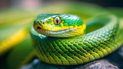 Wall Mural - detailed closeup of a green jungle snake resting on a rock, showing its exotic scales and slithering