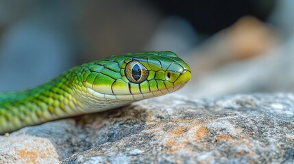 Wall Mural - detailed closeup of a green jungle snake resting on a rock, showing its exotic scales and slithering