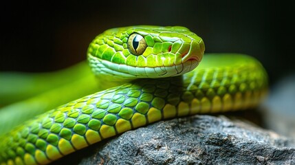 Wall Mural - detailed closeup of a green jungle snake resting on a rock, showing its exotic scales and slithering