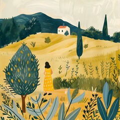 Wall Mural - Woman in Yellow Dress Looking at a House on the Hill