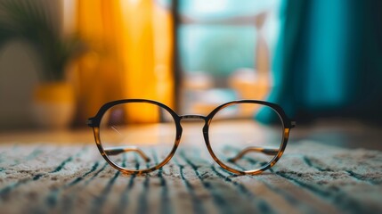 Eyeglasses resting on a soft carpet with a colorful bokeh background