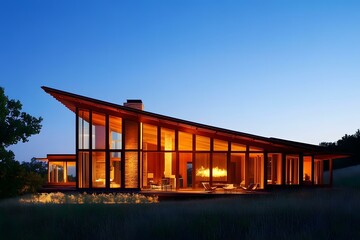 Modern House With Large Windows And Wooden Roof At Dusk