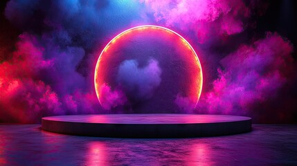 Podium background 3D light tech stage future platform game abstract. Podium 3D background technology room product circle glow effect portal stand studio scene white design ring modern display space