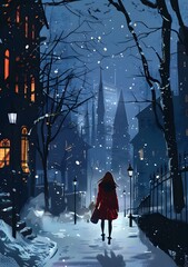 Canvas Print - Snowy Night in a City with a Woman in Red Coat