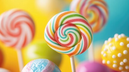 A close-up of a colorful assortment of lollipops with swirled patterns, set against a bright, cheerful background to highlight their vibrant colors and designs.