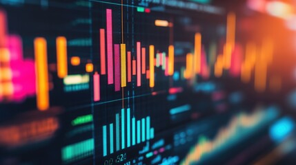 A close-up of a computer screen displaying dynamic financial charts and stock market data, with colorful graphs showing market trends and analysis.