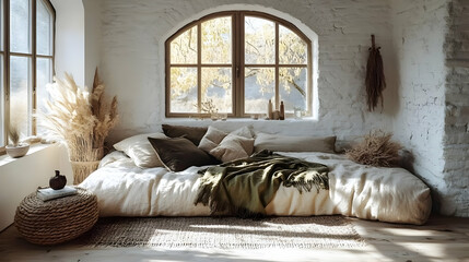 Wall Mural - Cozy, sunlit room with a comfortable bed, natural decor, and large windows.