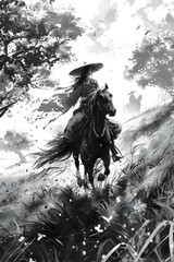 Wall Mural - Samurai Warrior Riding Horse Through Forest