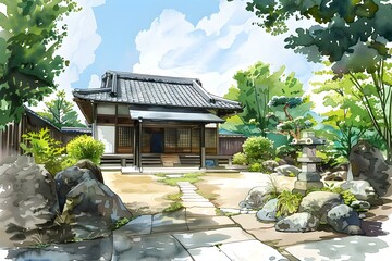 Watercolor Painting of a Traditional Japanese Garden