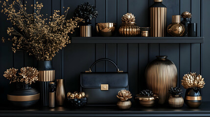 Elegant display of decorative items and floral arrangements on dark shelves.