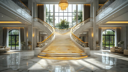 Wall Mural - Elegant grand staircase in a luxurious lobby with natural light and ornate design.