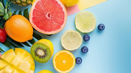 Wall Mural - Assortment of fresh citrus fruits and berries on a colorful background