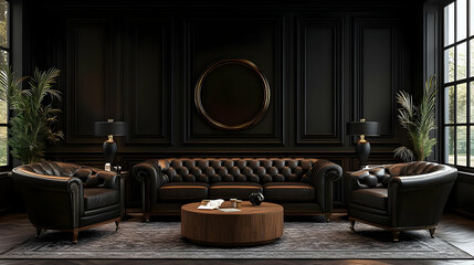 Wall Mural - Elegant living room with dark walls, leather furniture, and stylish decor.