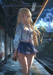 Wall Mural - Blonde Anime Girl in School Uniform Standing on a Train Platform