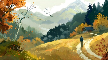 Wall Mural - Autumn Landscape Painting with a Single Person Walking on a Path