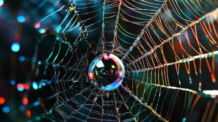 Wall Mural - 3d animation of a detailed spider web with shiny drops and lighting effects