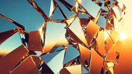 Wall Mural - Abstract Shattered Glass with Golden Hues and Reflections