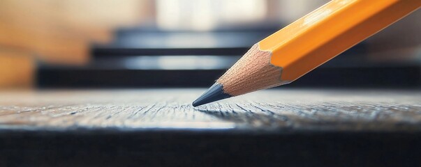 Sharp graphite pencil point touching wooden tabletop surface