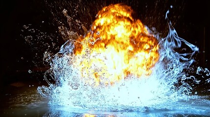 Water explosion caused by a fireball igniting water in a dramatic reaction at night in an outdoor setting