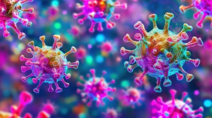 Wall Mural - Microscopic view of Covid-19 Sars-CoV-2 virus particles illustrating structural elements in vibrant colors, useful for educational, scientific, and healthcare purposes during the pandemic.