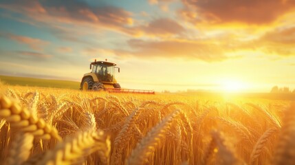 Golden Wheat Field at Sunset with Tractor