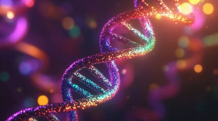 Wall Mural - Colorful Abstract Visualization of DNA Double Helix Strands in Glowing Light Setting Presenting Genetic Science and Biotech Concepts.