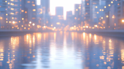 Wall Mural - Cityscape Reflections on Calm Water Surface, Glowing Bokeh Lights Abstract Background Animation