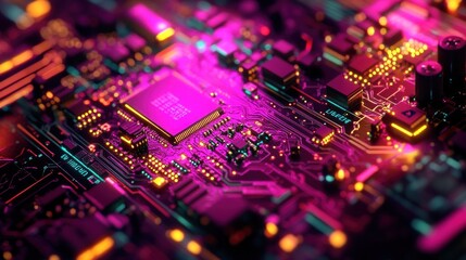 Close-up of a Circuit Board with Neon Lights