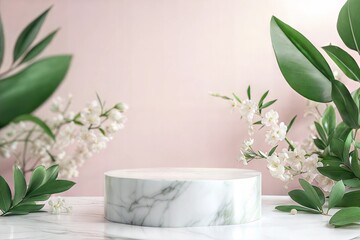 Wall Mural - photo light marble stone podium stand for cosmetics and product display   abstract pastel background with flowers and green leaves