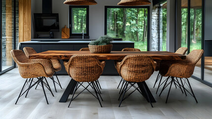 Wall Mural - Modern dining area featuring a wooden table and woven chairs in a serene setting.