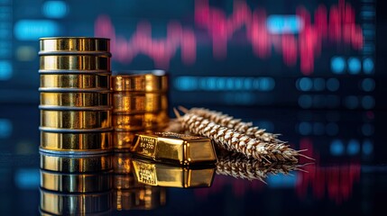 6. Commodity price concept with gold bars, crude oil barrels, and wheat sheaves, placed on a reflective surface with a digital stock market graph overlay