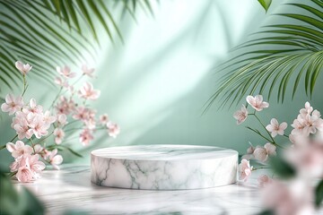 Wall Mural - photo light marble stone podium stand for cosmetics and product display   abstract pastel background with flowers and green leaves